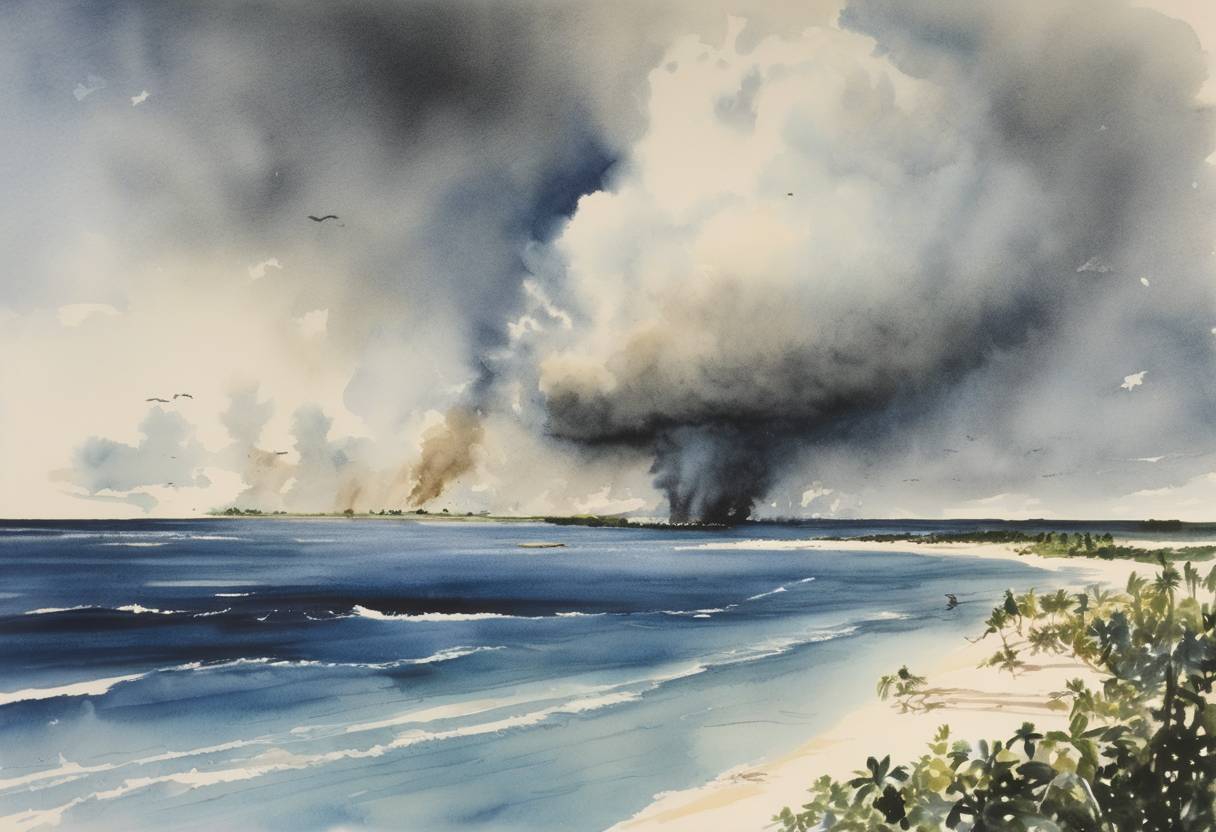 Watercolor painting based depiction of After World War II, the United States conducted Operation Crossroads at Bikini Atoll in the Marshall Islands, beginning with an early morning atomic bomb test. (1946)