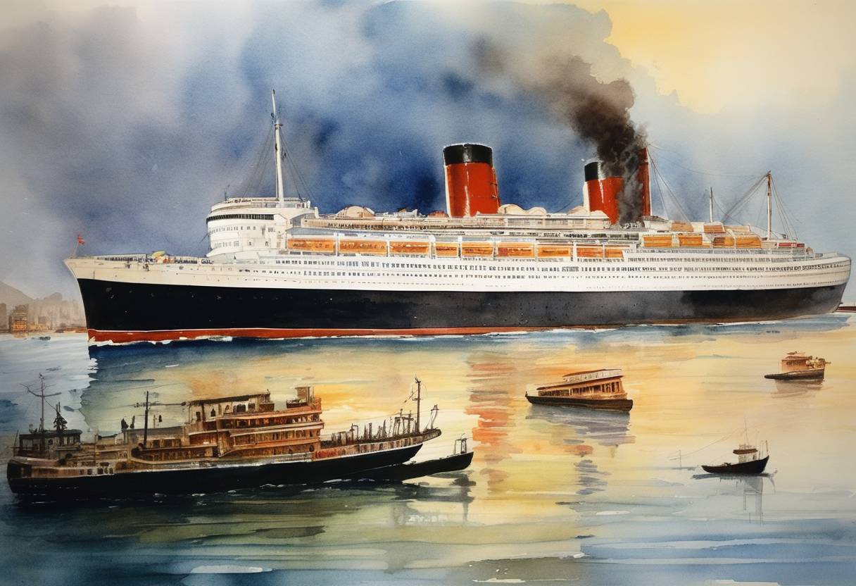 Watercolor painting based depiction of The RMS Queen Elizabeth, once the world's largest ocean liner, caught fire and sank in Hong Kong's Victoria Harbour. The ship had been purchased and was being refitted as a floating university. The incident marked the end of the luxurious liner's storied history. (1972)