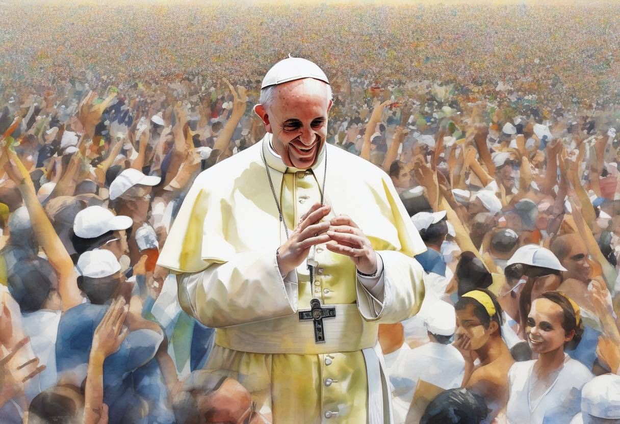 Watercolor painting based depiction of Pope Francis conducted a mass for over three million people on Copacabana Beach in Rio de Janeiro, Brazil, marking the conclusion of World Youth Day 2013. (2013)