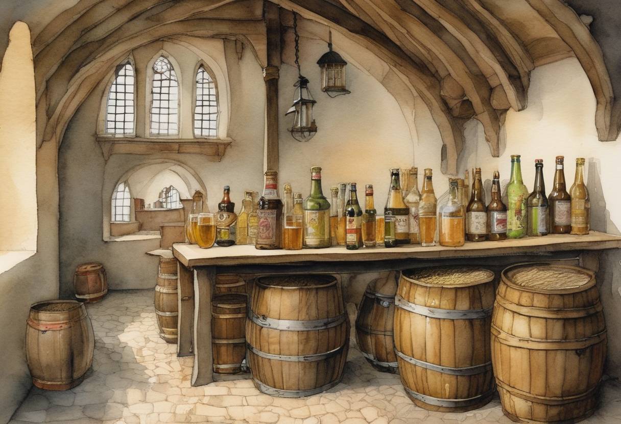 Watercolor painting based depiction of The Reinheitsgebot, Germany's Beer Purity Law, was adopted in Bavaria, stipulating that beer could only be brewed from barley, hops, and water. (1516)