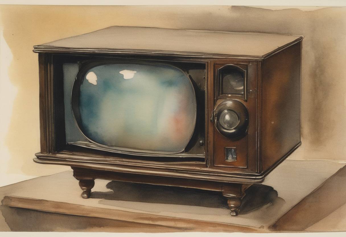 Watercolor painting based depiction of John Logie Baird demonstrated the first colour television transmission. (1928)