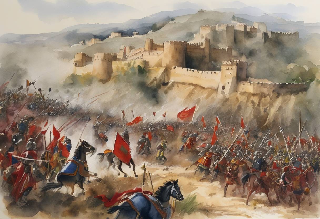 Watercolor painting based depiction of The Battle of Moclín occurred between the forces of the Kingdom of Castile and the Nasrid Kingdom of Granada. This battle was part of the Reconquista, where Christian kingdoms aimed to recapture territory from Muslim rulers in the Iberian Peninsula. Castilian forces, led by Sancho IV, sought to weaken Granada's defenses but were ultimately defeated, resulting in a significant loss of life and captured prisoners. (1280)