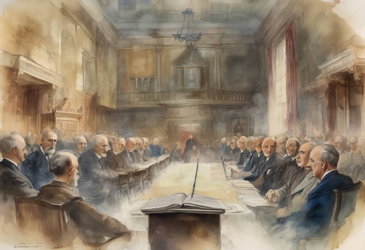 Watercolor painting based depiction of The Balfour Declaration was issued, expressing British support for a Jewish homeland in Palestine. (1917)