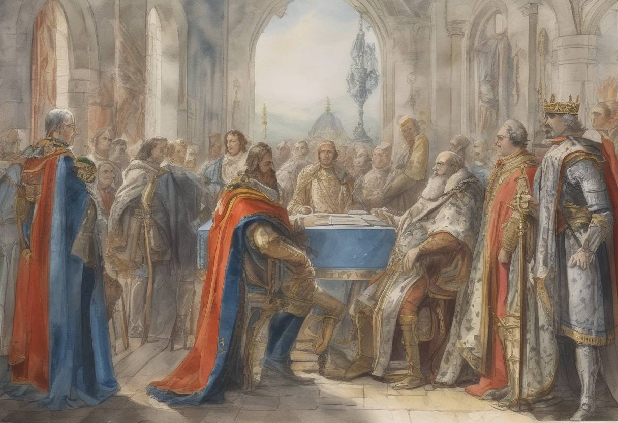 Watercolor painting based depiction of The Treaty of Bonn was signed between Charles the Simple, King of West Francia, and Henry the Fowler, King of East Francia, establishing peace between the two realms. (920)