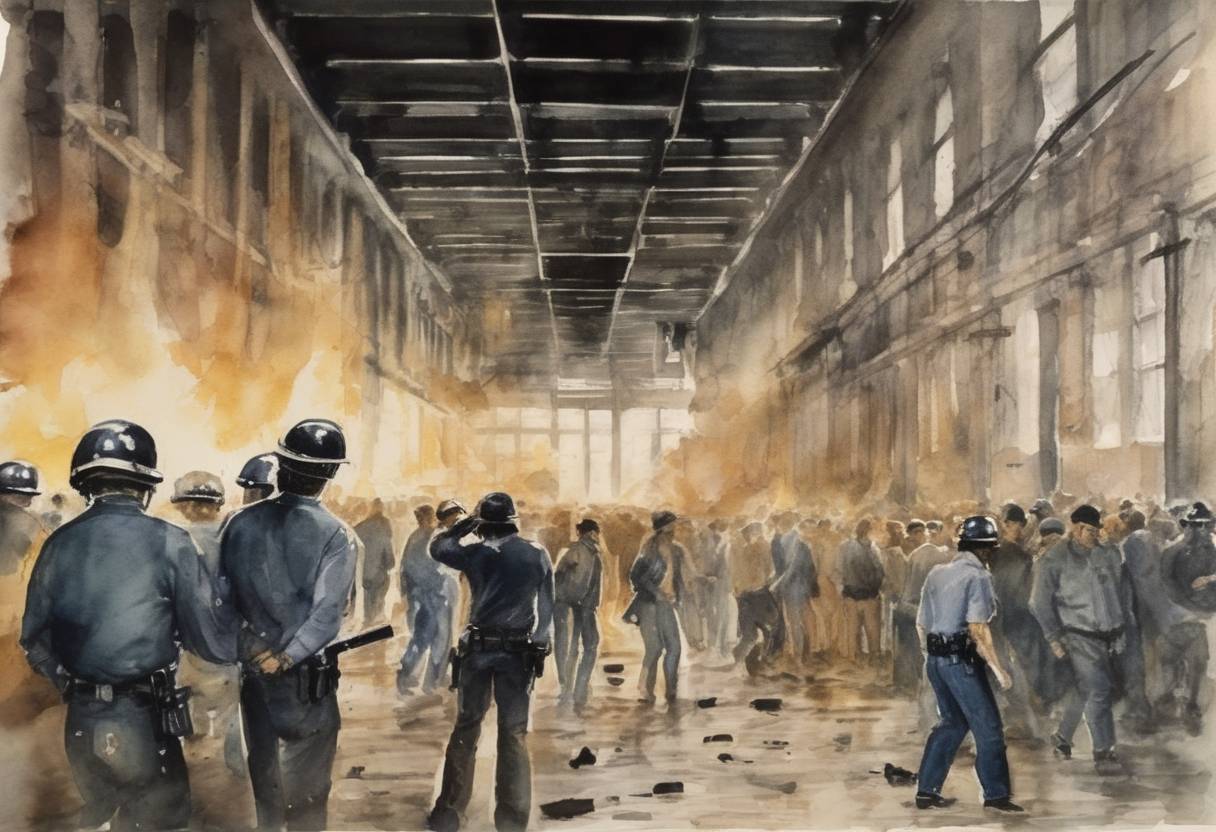 Watercolor painting based depiction of The Attica Prison riot in New York ended after four days when state police stormed the facility, resulting in the deaths of 43 people, including 10 hostages. (1971)