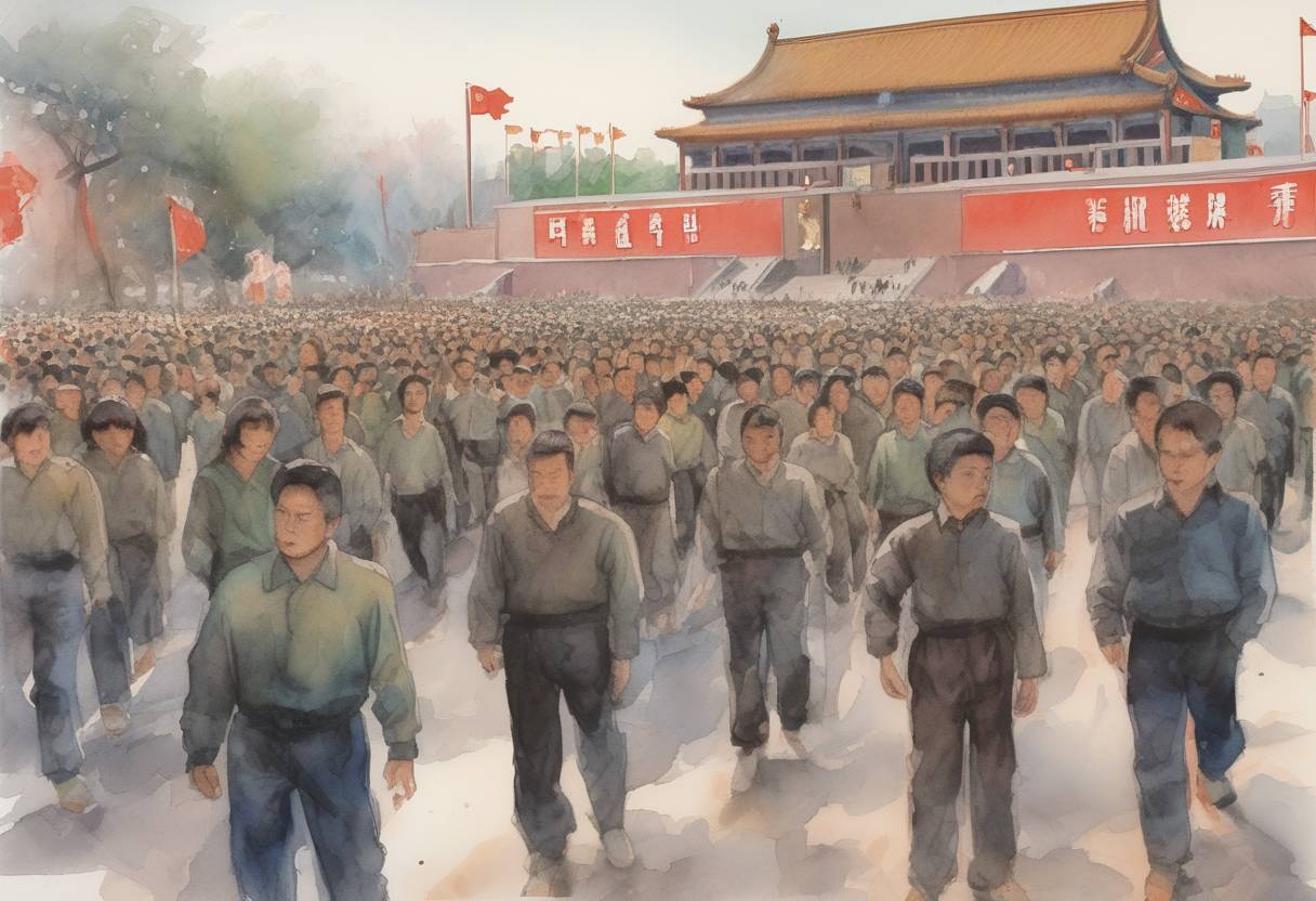 Watercolor painting based depiction of The Tiananmen Square protests began in Beijing, China, as students gathered to mourn the death of Hu Yaobang and demand political reform. (1989)