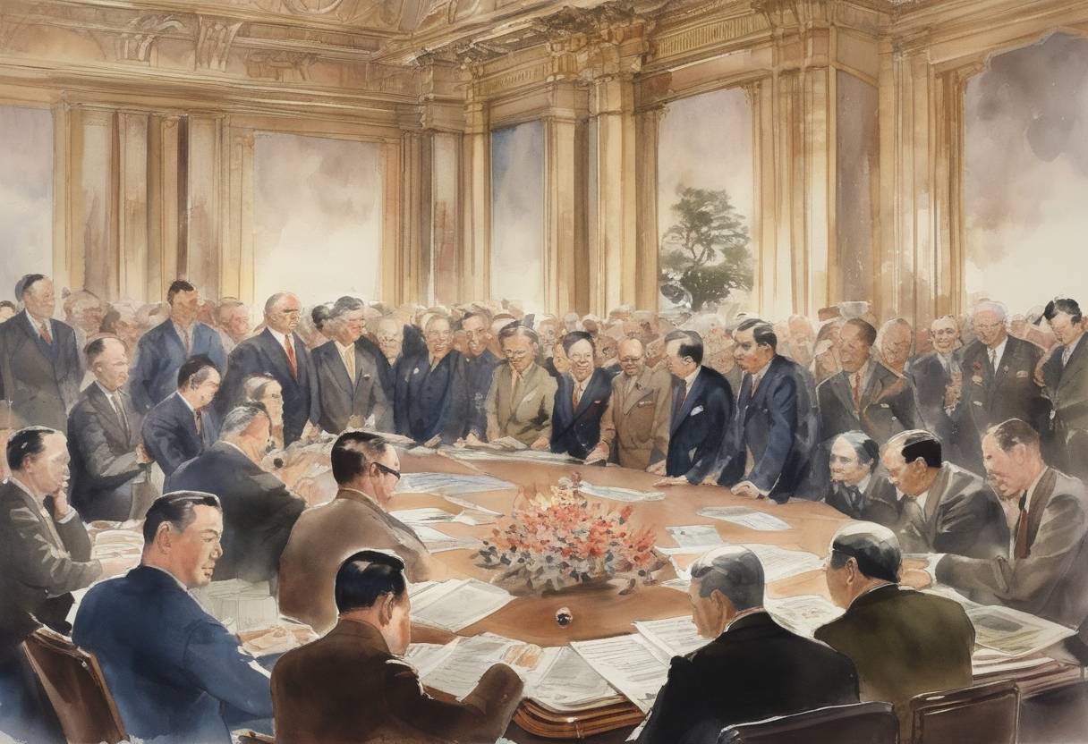 Watercolor painting based depiction of The Treaty of San Francisco is signed by 48 nations, officially ending the state of war between Japan and the Allied Powers. (1951)