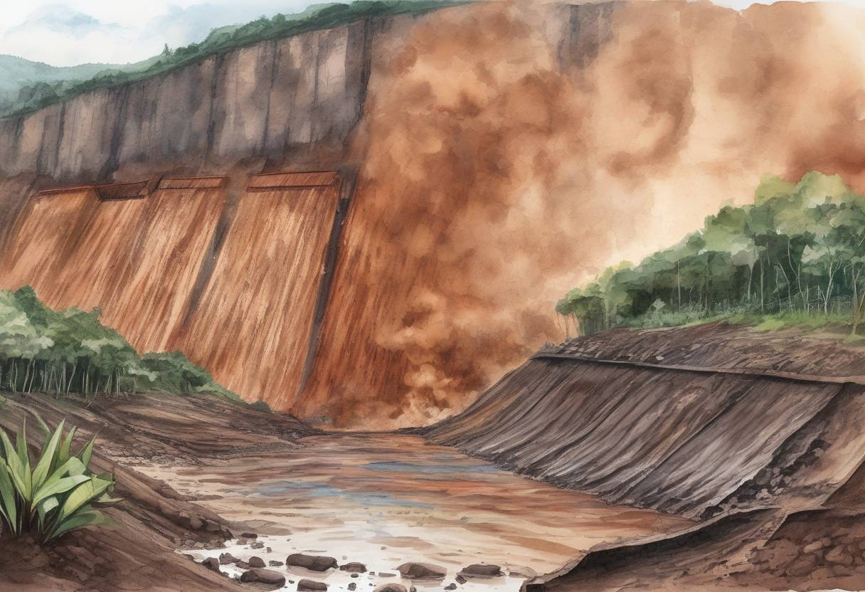 Watercolor painting based depiction of A dam at an iron ore mine in Brumadinho, Brazil, collapses, causing a massive mudslide that results in the deaths of at least 270 people. (2019)