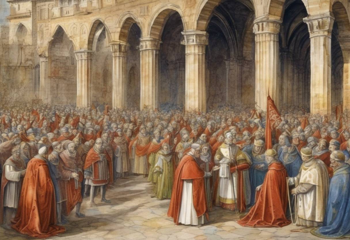 Watercolor painting based depiction of Pope Gregory XI returned the Papacy from Avignon to Rome, effectively ending the Avignon Papacy, a period during which seven successive popes resided in Avignon, France, rather than in Rome. (1377)