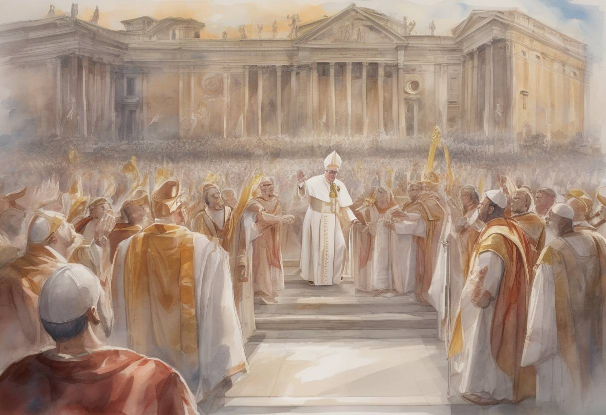 Watercolor painting based depiction of Pope Symmachus is elected as the 51st pope of the Catholic Church, succeeding Pope Anastasius II. His election was contested, leading to a schism with the election of Antipope Laurentius. (498)