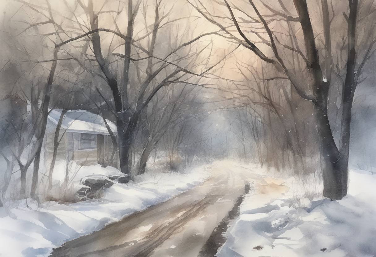 Watercolor painting based depiction of The United States experienced a significant winter storm that affected the Midwest and Northeast, causing widespread travel disruptions and power outages. (2018)
