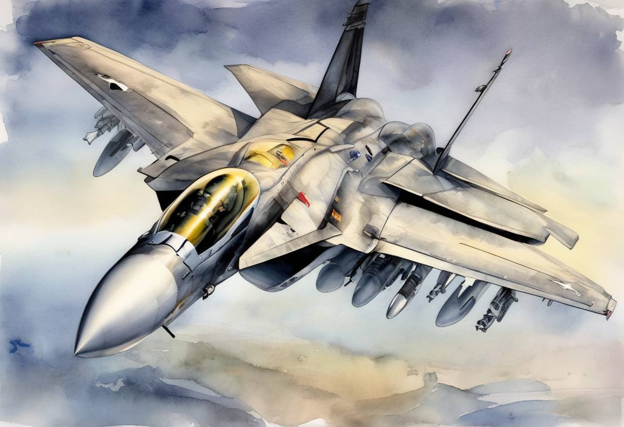 Watercolor painting based depiction of The F-14 Tomcat fighter jet was officially retired from the United States Navy after 32 years of service. (2006)
