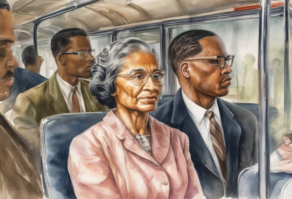 Watercolor painting based depiction of Rosa Parks was arrested for refusing to give up her seat on a bus in Montgomery, Alabama, sparking the Montgomery Bus Boycott. (1955)