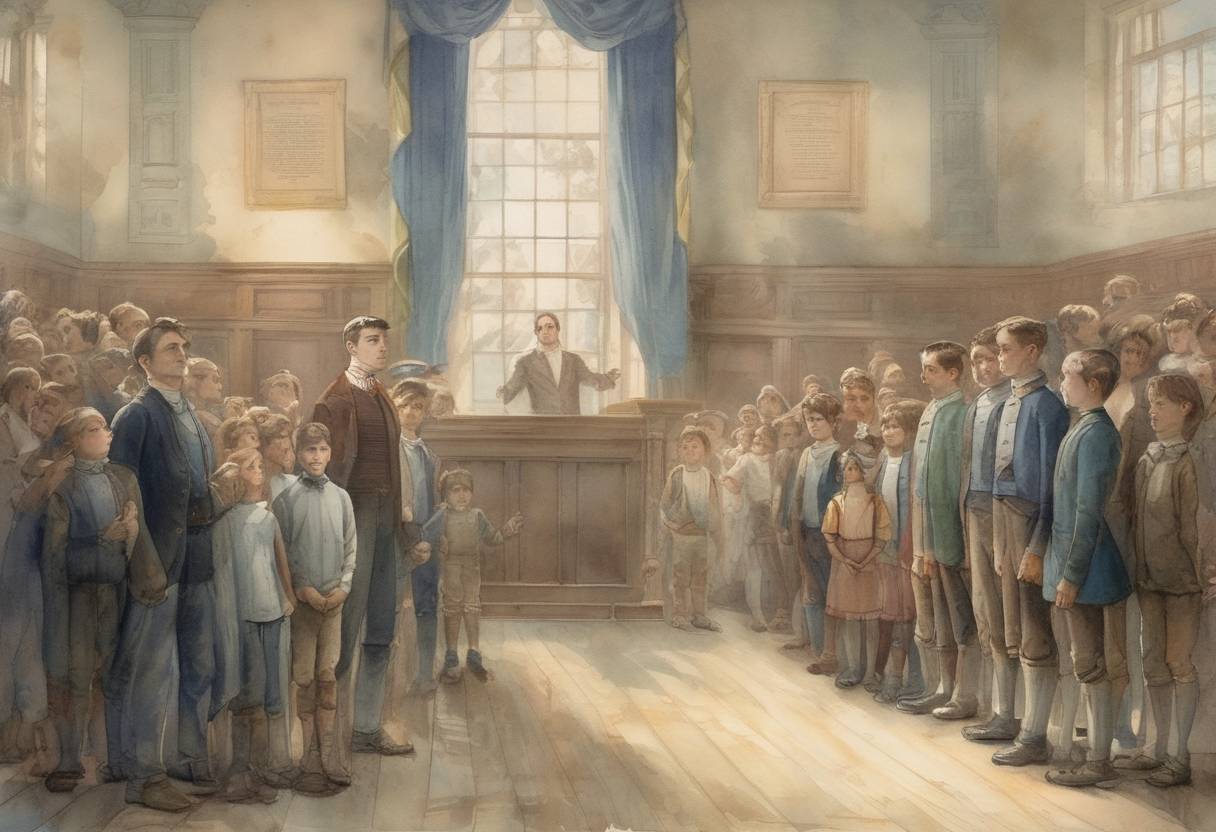 Watercolor painting based depiction of The Pledge of Allegiance is first recited in American schools, coinciding with the 400th anniversary of Columbus's arrival in the Americas. (1892)