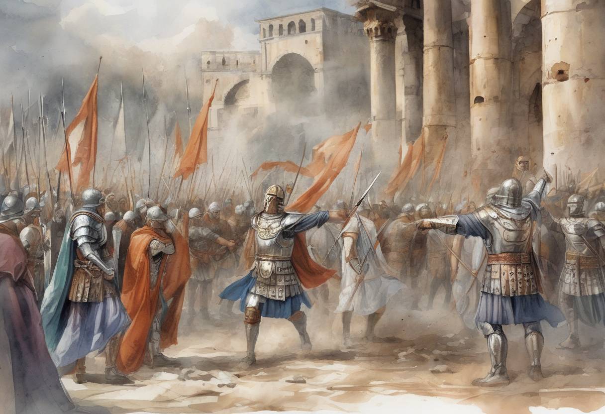 Watercolor painting based depiction of Rufinus, the Roman statesman and praetorian prefect of the East, was assassinated by Gothic mercenaries. His death marked a significant moment in the power struggles within the Eastern Roman Empire. (395)