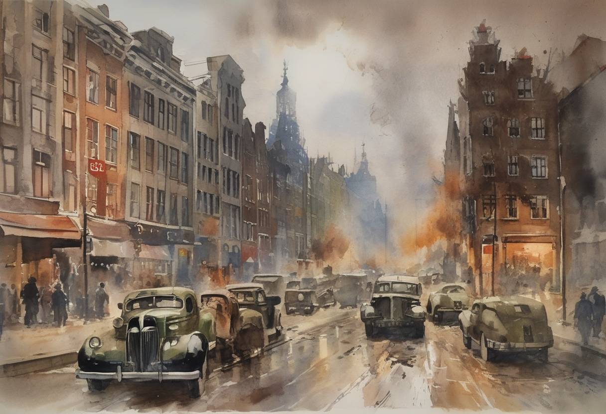 Watercolor painting based depiction of The Netherlands surrendered to Nazi Germany during World War II after the bombing of Rotterdam. (1940)
