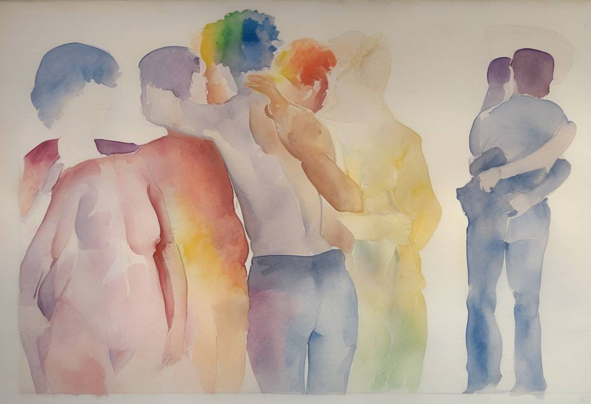 Watercolor painting based depiction of The World Health Organization removed homosexuality from its list of mental illnesses, marking a significant step in LGBTQ+ rights. (1990)