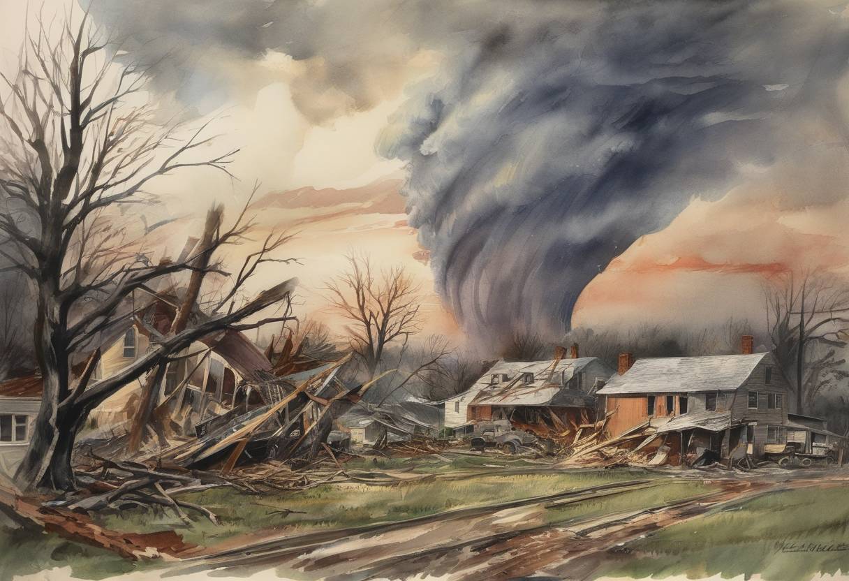 Watercolor painting based depiction of The deadliest tornado in U.S. history, the Tri-State Tornado, strikes Missouri, Illinois, and Indiana, killing 695 people. (1926)