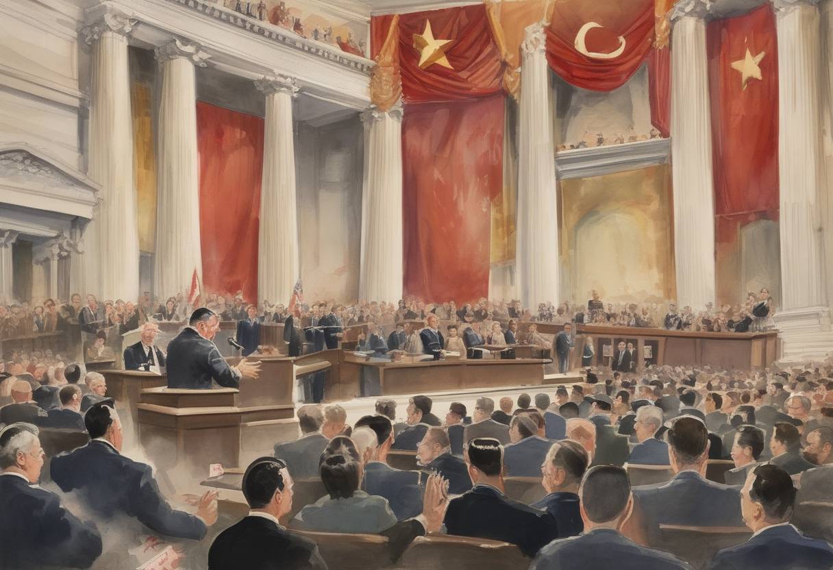 Watercolor painting based depiction of The Communist Control Act is signed into law in the United States, outlawing the Communist Party and criminalizing membership in or support for the party. (1954)