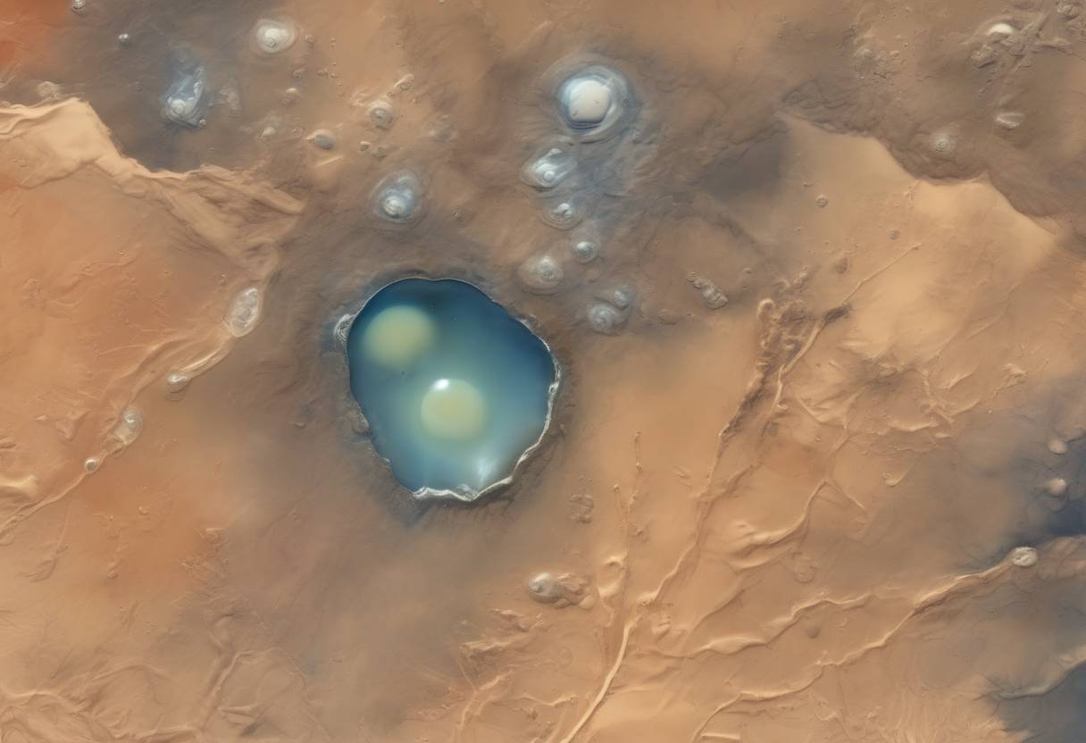 Watercolor painting based depiction of NASA reveals photographs taken by the Mars Global Surveyor suggesting the presence of liquid water on Mars. (2006)