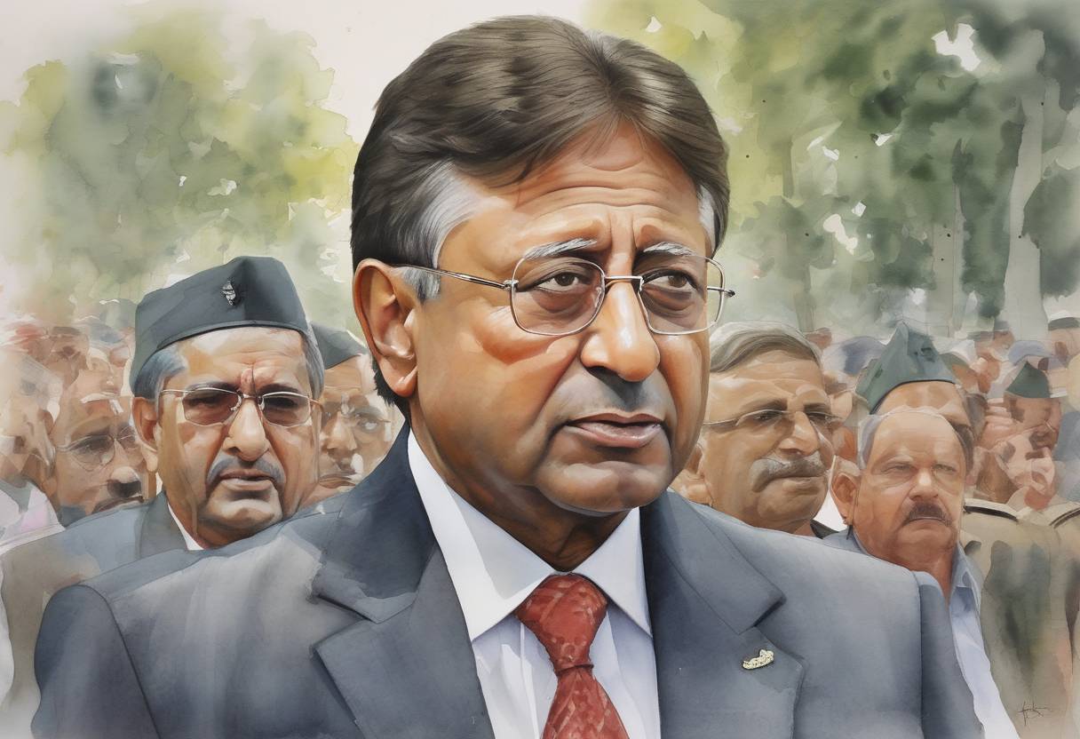 Watercolor painting based depiction of Pervez Musharraf, the President of Pakistan, resigned from office to avoid impeachment. His resignation marked the end of nearly nine years of military rule. (2008)