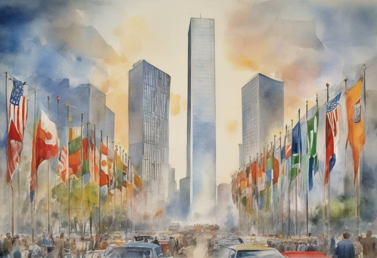Watercolor painting based depiction of The United Nations adopts the International Covenant on Civil and Political Rights. (1966)