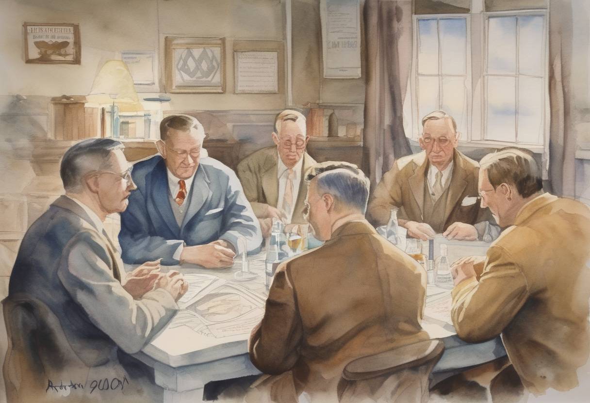Watercolor painting based depiction of Alcoholics Anonymous was founded in Akron, Ohio, by Bill Wilson and Dr. Bob Smith. (1935)