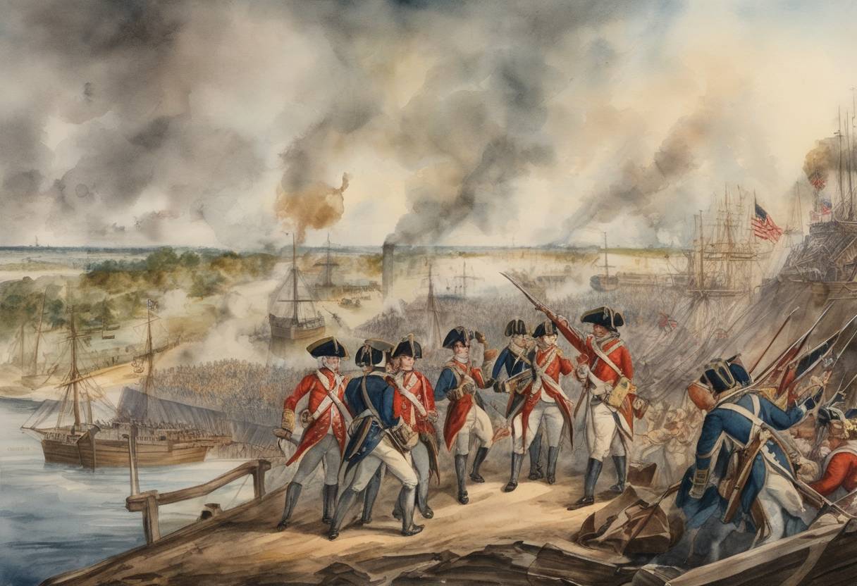Watercolor painting based depiction of The Siege of Yorktown begins during the American Revolutionary War, leading to the eventual surrender of British forces. (1781)