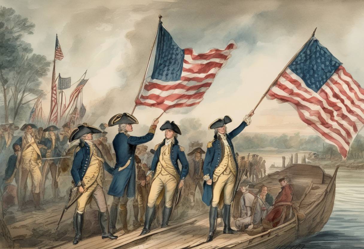 Watercolor painting based depiction of During the American Revolutionary War, General George Washington hoists the Grand Union Flag, the first national flag of the United States, at Prospect Hill. (1776)