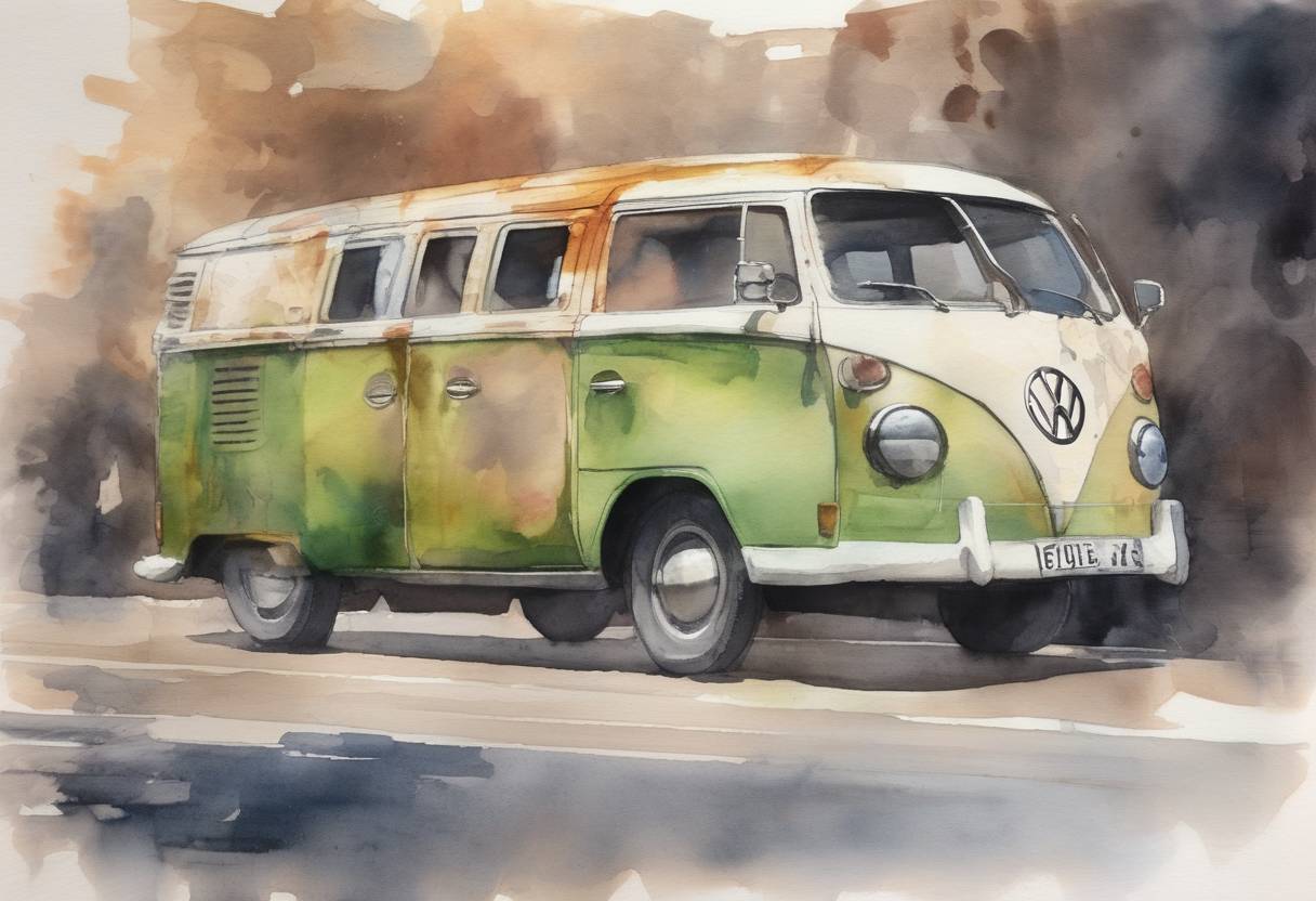 Watercolor painting based depiction of Volkswagen admitted to cheating emissions tests in the United States, leading to the 'Dieselgate' scandal. (2015)