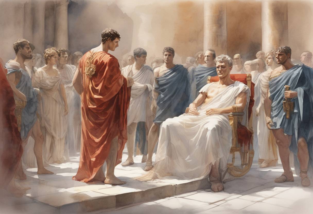 Watercolor painting based depiction of Roman Emperor Claudius dies, possibly poisoned by his wife Agrippina, paving the way for Nero to become emperor. (54)