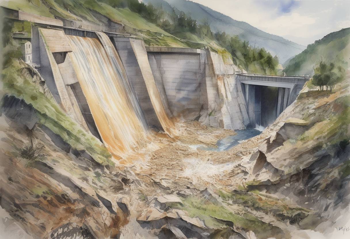 Watercolor painting based depiction of The Val di Stava dam collapse occurred in Italy, resulting in the deaths of 268 people and causing significant destruction in the surrounding area. (1985)