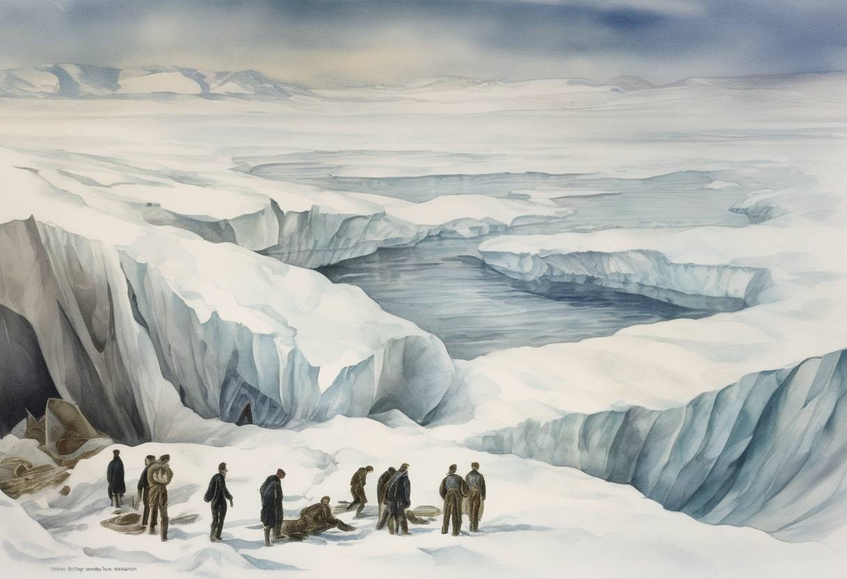 Watercolor painting based depiction of The frozen bodies of Robert Falcon Scott and his men are found on the Ross Ice Shelf in Antarctica, eight months after their deaths during the ill-fated Terra Nova Expedition. (1912)