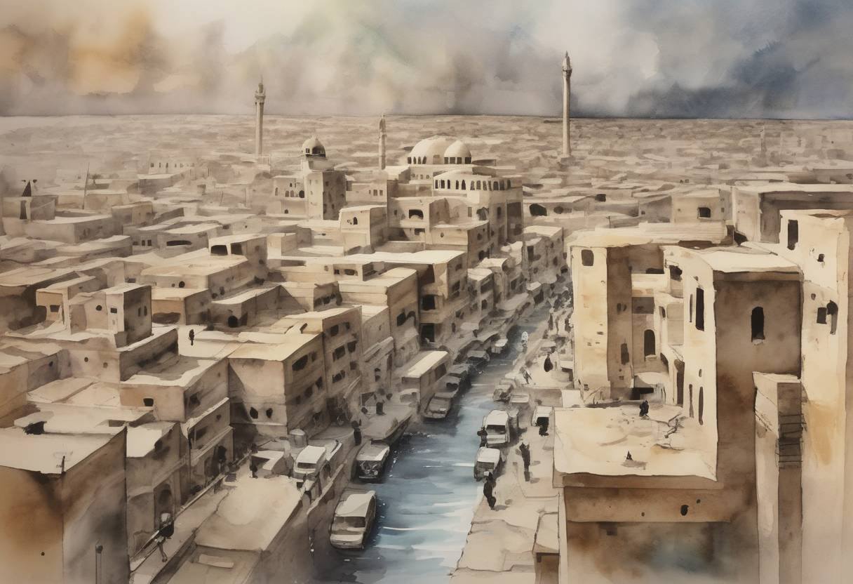Watercolor painting based depiction of The Islamic State of Iraq and the Levant (ISIL) declared the establishment of a caliphate, naming Abu Bakr al-Baghdadi as its caliph, marking a significant moment in the Syrian Civil War and global terrorism. (2014)