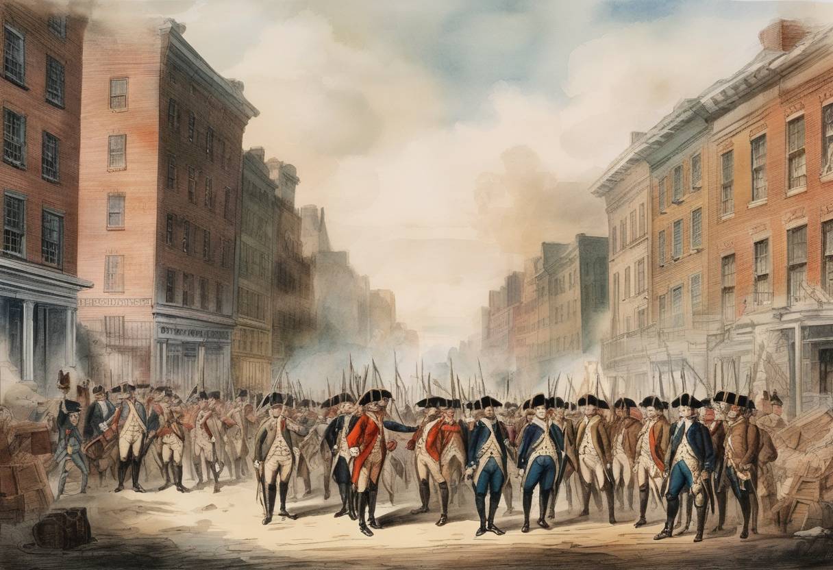 Watercolor painting based depiction of British forces occupied New York City during the American Revolutionary War. (1776)
