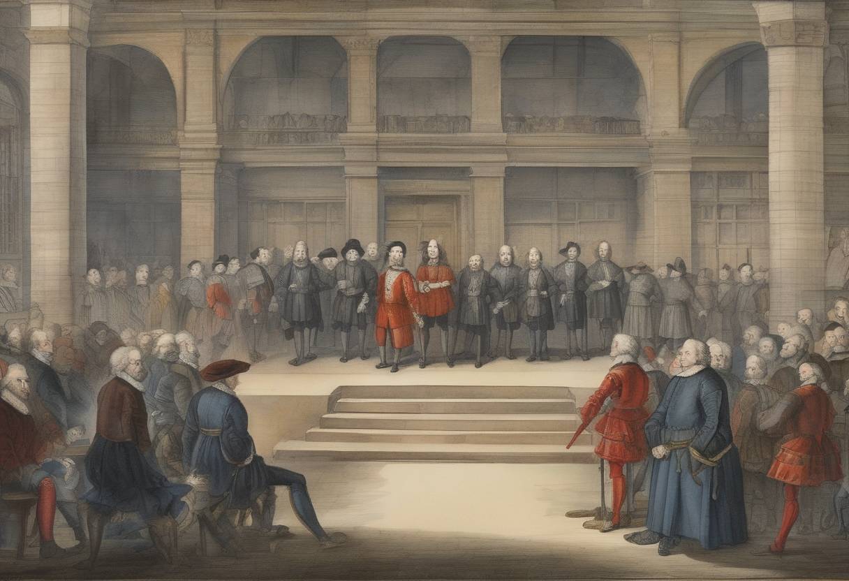 Watercolor painting based depiction of Dutch statesman Johan van Oldenbarnevelt was executed in The Hague after being accused of treason, marking a significant political event in the Dutch Republic. (1619)