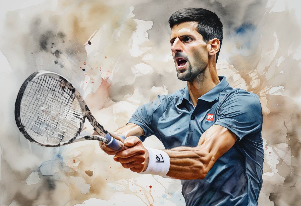 Watercolor painting based depiction of Novak Djokovic, the world’s top-ranked tennis player, was detained in Australia over visa issues related to COVID-19 vaccination requirements, sparking a legal battle and international attention. (2022)