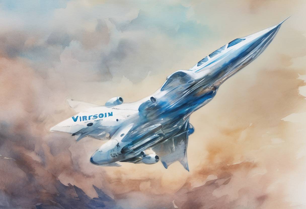 Watercolor painting based depiction of Richard Branson flew to the edge of space aboard Virgin Galactic's VSS Unity, marking a milestone in commercial space travel. (2021)