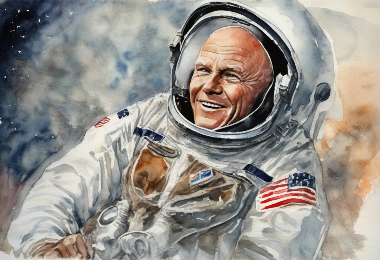 Watercolor painting based depiction of John Glenn became the first American to orbit the Earth, aboard Friendship 7 during NASA's Mercury-Atlas 6 mission. (1962)
