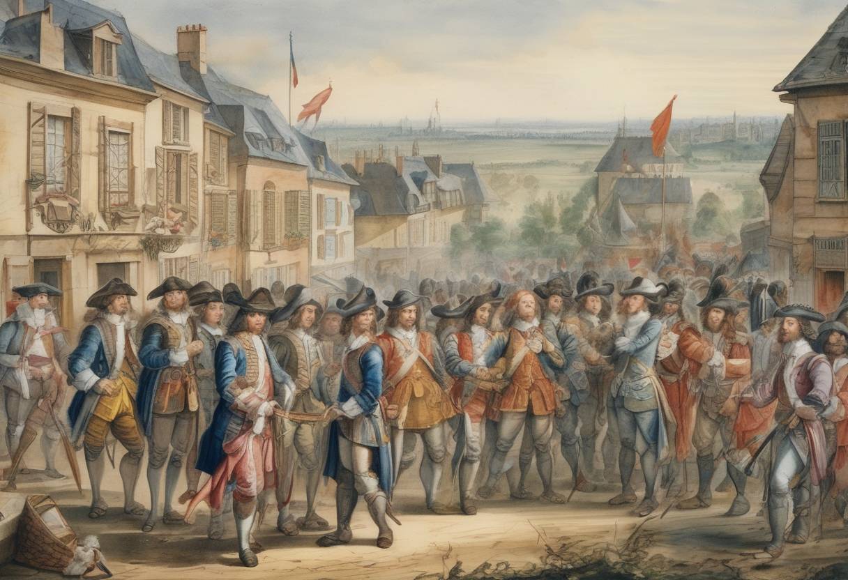 Watercolor painting based depiction of The Fronde, a series of civil wars in France, saw the signing of the Peace of Rueil, which temporarily ended the conflict between the French crown and the Frondeurs. (1649)