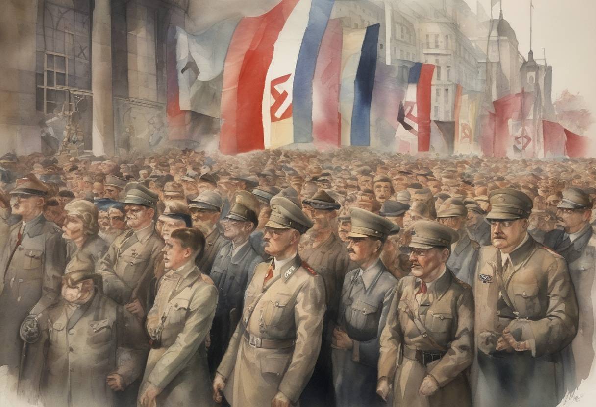 Watercolor painting based depiction of Adolf Hitler's Nazi Party won 44 percent of the vote in German parliamentary elections, which helped consolidate Hitler's power in Germany. (1933)