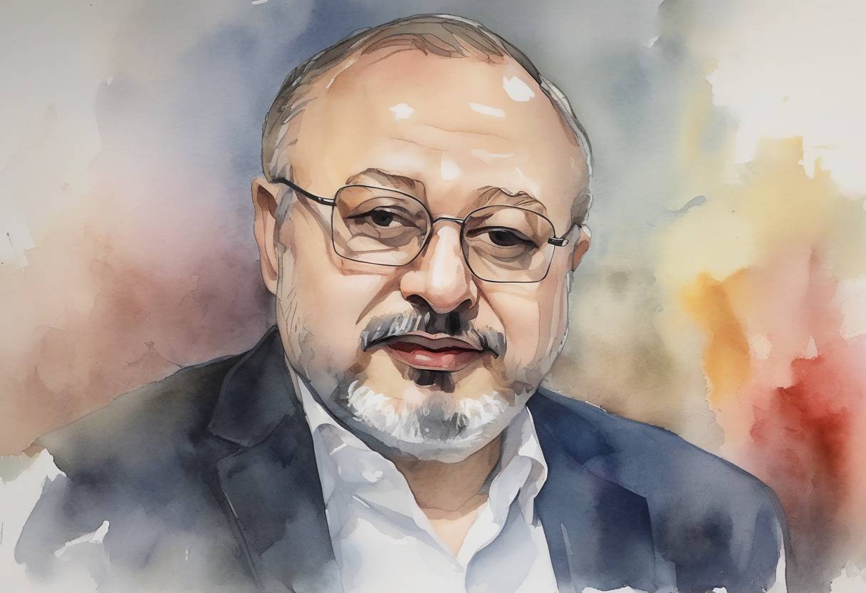 Watercolor painting based depiction of Jamal Khashoggi, a Saudi journalist and critic of the Saudi government, is murdered at the Saudi consulate in Istanbul, Turkey, leading to international outrage and diplomatic tensions. (2018)