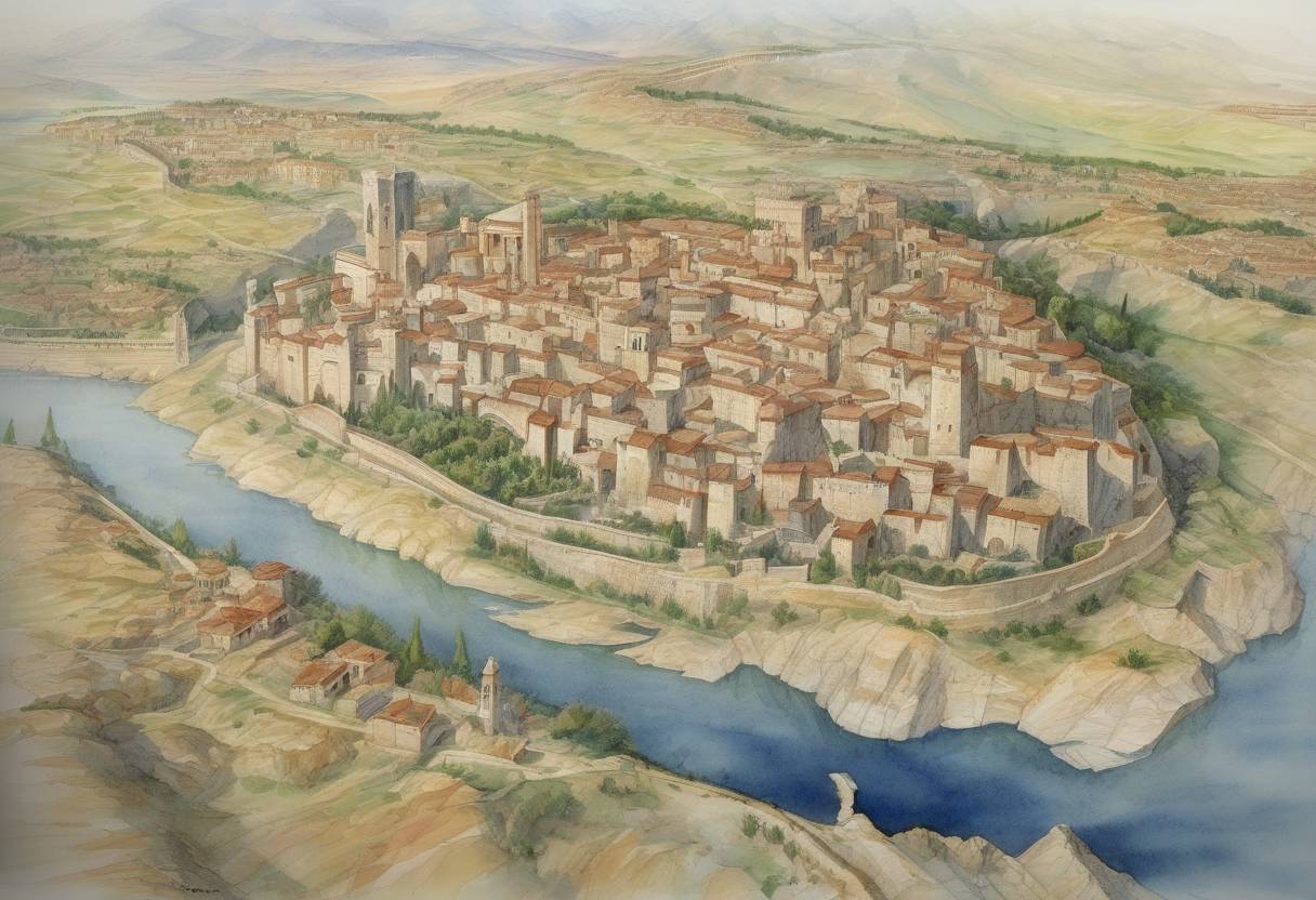 Watercolor painting based depiction of The Byzantine Empire captured Antioch from the Hamdanid dynasty, marking a significant territorial gain during the Byzantine-Arab Wars. (969)