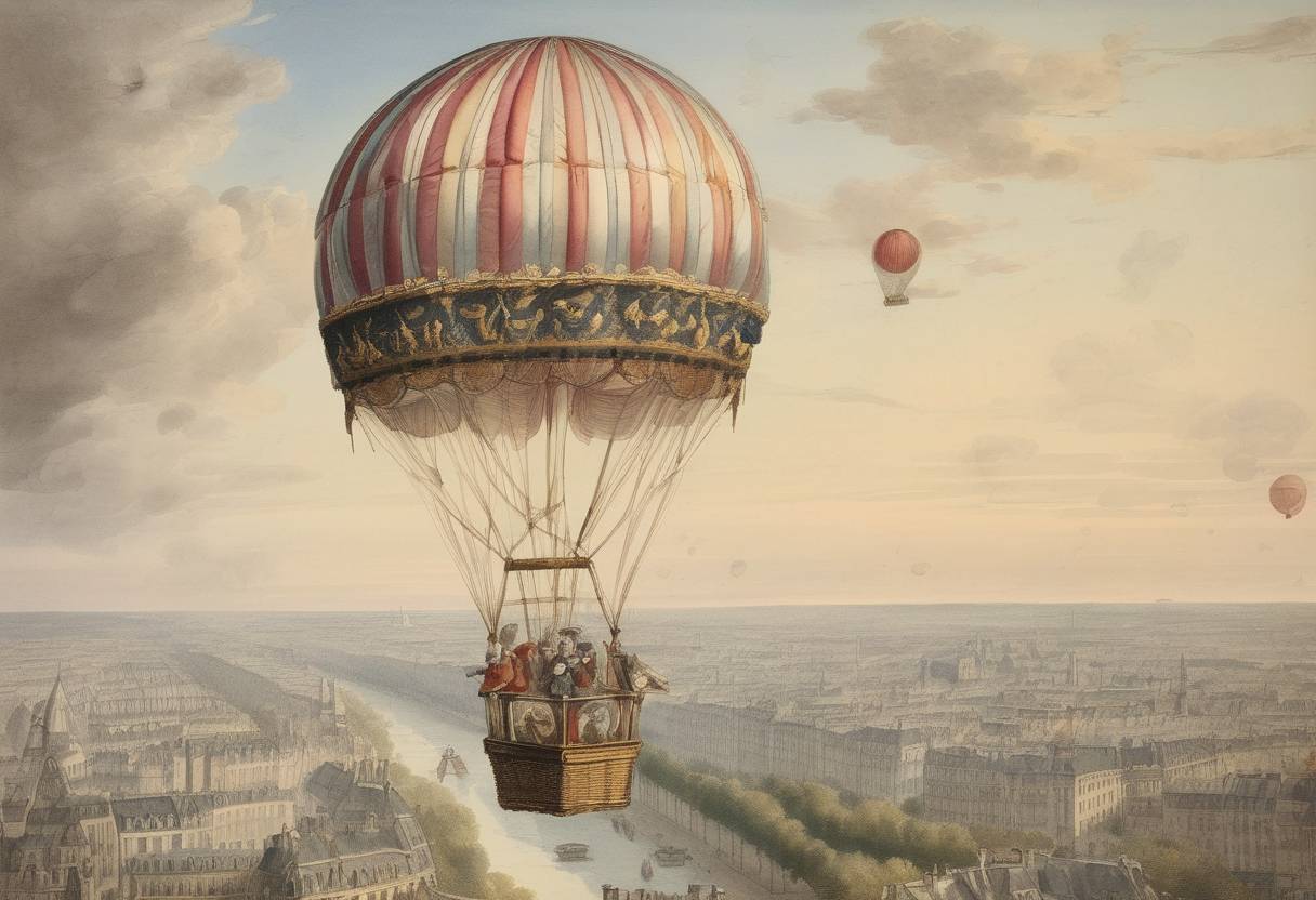 Watercolor painting based depiction of André-Jacques Garnerin makes the first recorded parachute jump from a hot air balloon over Paris. (1797)