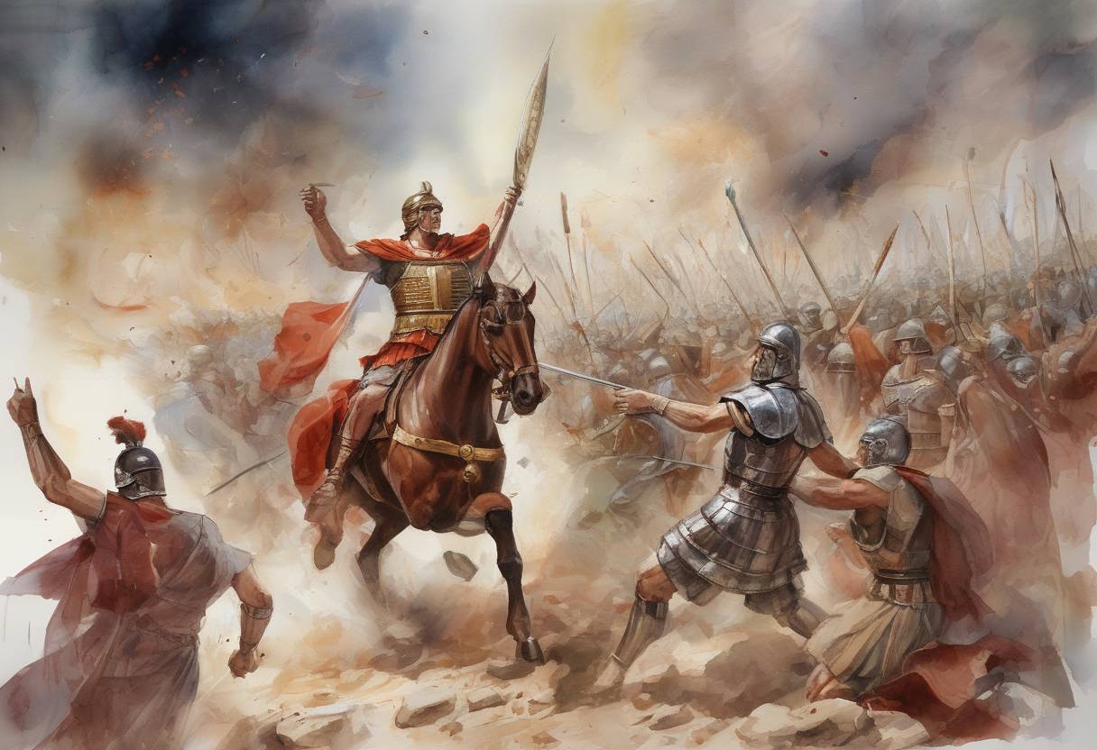 Watercolor painting based depiction of Constantine the Great defeated Licinius in the Battle of Chrysopolis, consolidating his control over the Roman Empire. (324)