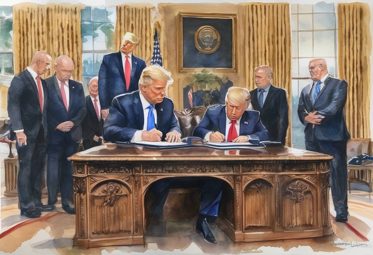 Watercolor painting based depiction of U.S. President Donald Trump signs Executive Order 13769, titled 'Protecting the Nation from Foreign Terrorist Entry into the United States,' which temporarily bans entry to the U.S. for citizens from seven predominantly Muslim countries. (2017)