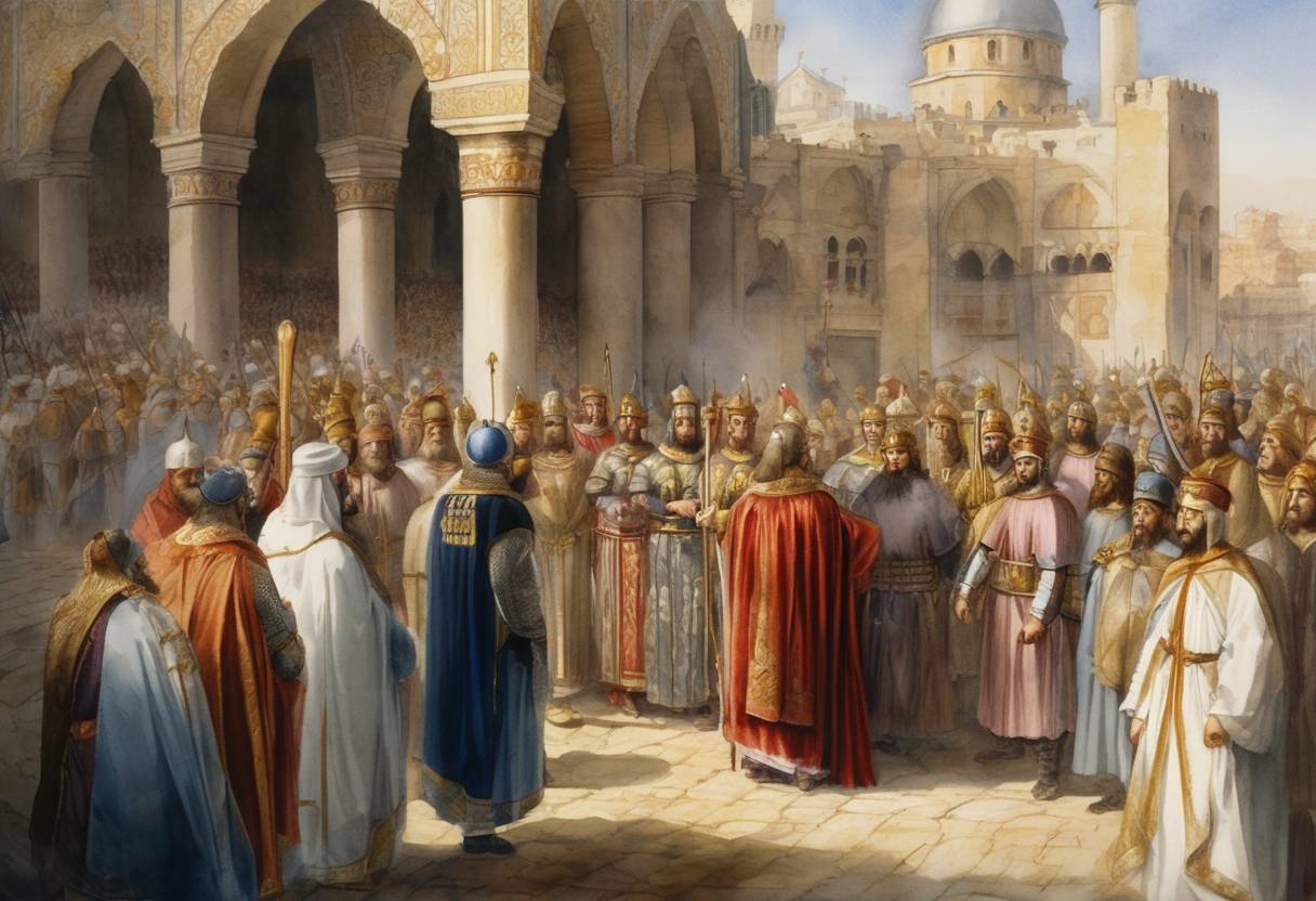 Watercolor painting based depiction of Alexios V Doukas is declared Byzantine Emperor during the Fourth Crusade. (1204)