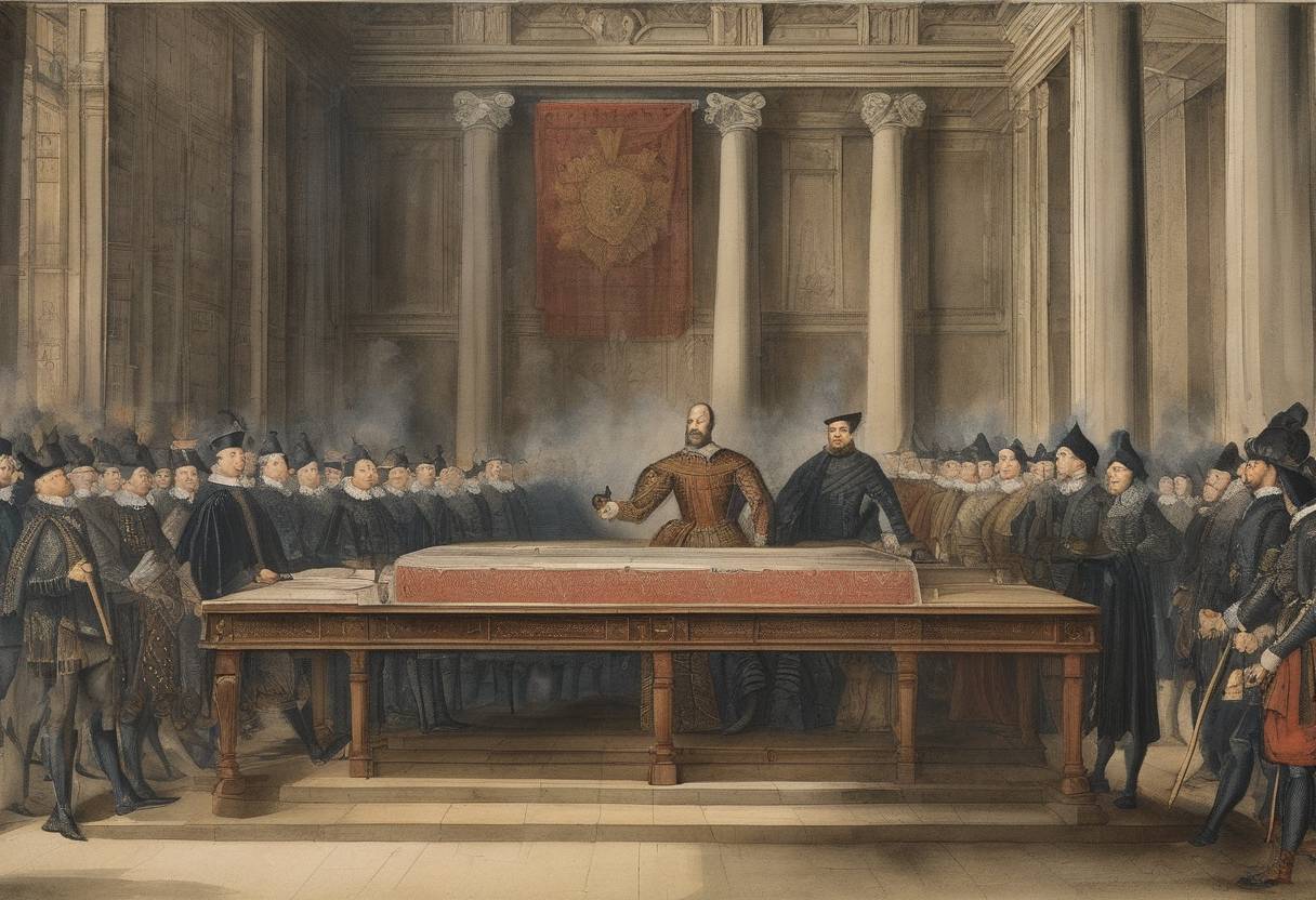 Watercolor painting based depiction of The Act of Abjuration, declaring the independence of the northern Netherlands from Spain, was ratified. (1579)