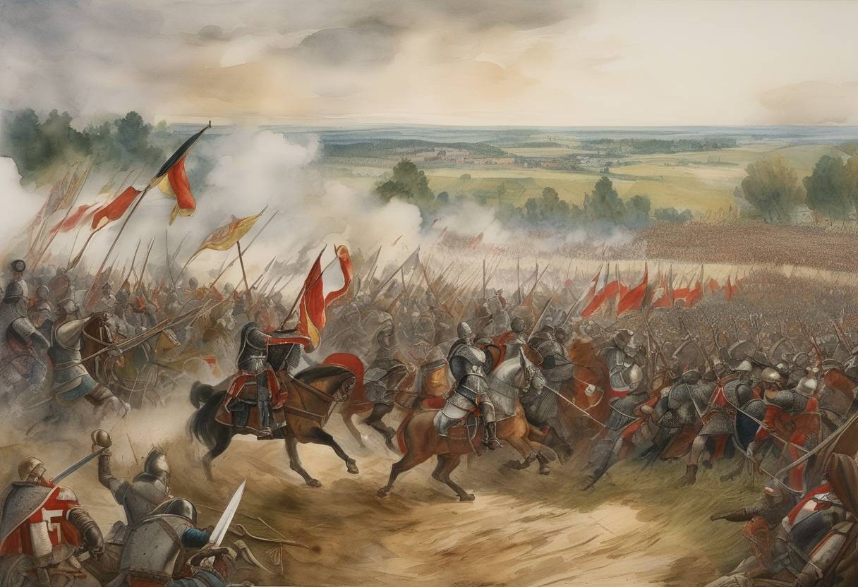 Watercolor painting based depiction of The Battle of Göllheim took place, where Adolf of Nassau was defeated and killed by the forces of his rival, Albert of Habsburg, effectively ending the conflict over the throne of the Holy Roman Empire. (1298)