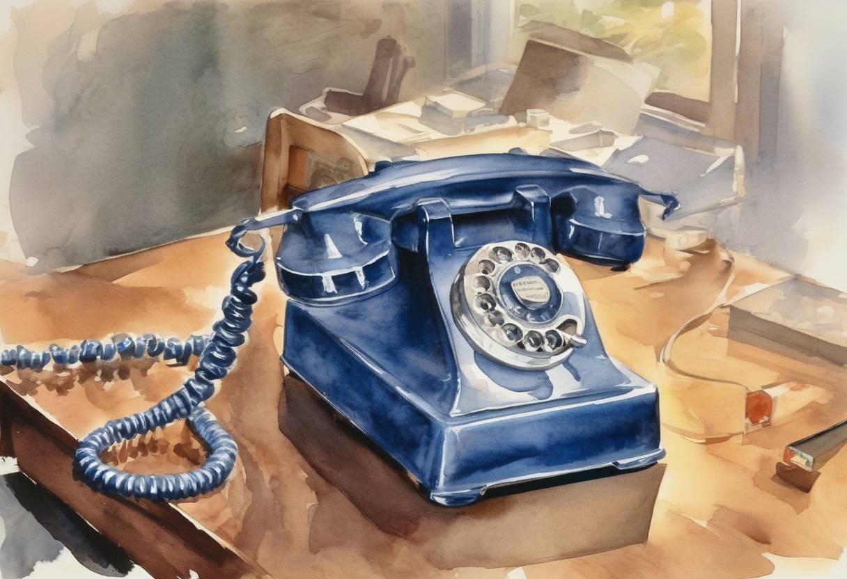 Watercolor painting based depiction of The first push-button telephone was introduced by Bell Telephone Company. (1963)
